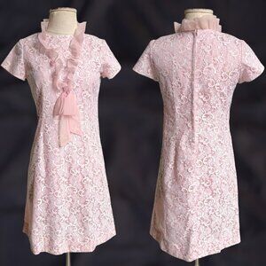 60s vintage mini shift dress lace overlay pink short sleeve ruffle collar bow.